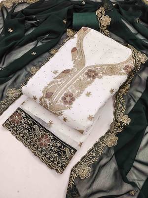 green georgette embroidered unstitched dressmaterials 3 pair top bottom dupptaa 3