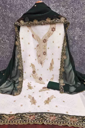 green georgette embroidered unstitched dressmaterials 3 pair top bottom dupptaa