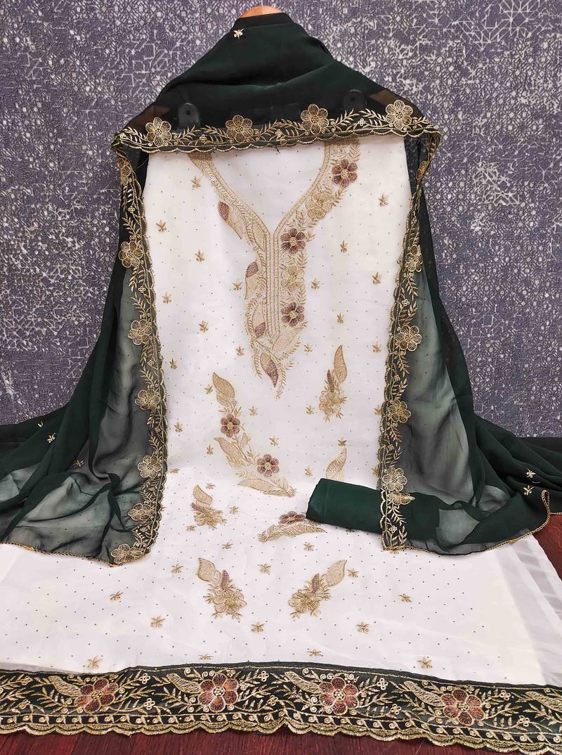 green georgette embroidered unstitched dressmaterials 3 pair top bottom dupptaa