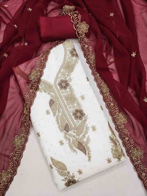 maroon georgette embroidered unstitched dressmaterials 3 pair top bottom dupptaa 1