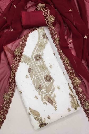 maroon georgette embroidered unstitched dressmaterials 3 pair top bottom dupptaa
