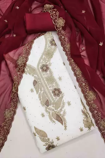 maroon georgette embroidered unstitched dressmaterials 3 pair top bottom dupptaa