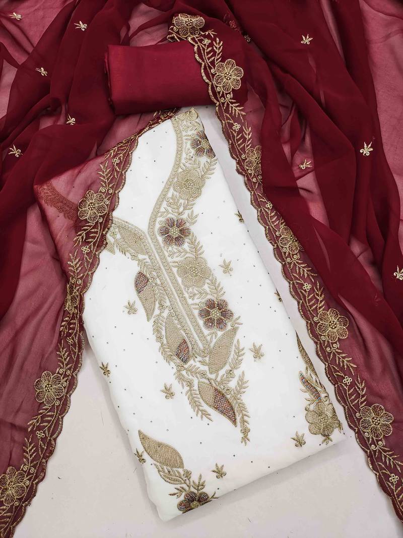 maroon georgette embroidered unstitched dressmaterials 3 pair top bottom dupptaa