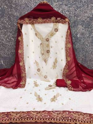 maroon georgette embroidered unstitched dressmaterials 3 pair top bottom dupptaa 4