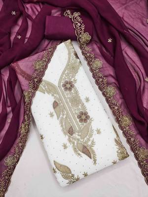 wine georgette embroidered unstitched dressmaterials 3 pair top bottom dupptaa 1