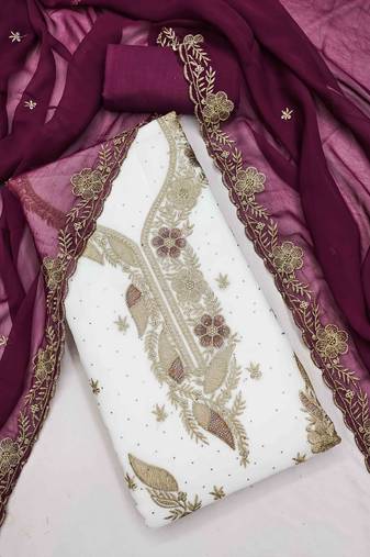 wine georgette embroidered unstitched dressmaterials 3 pair top bottom dupptaa