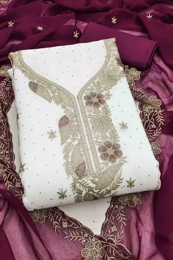 wine georgette embroidered unstitched dressmaterials 3 pair top bottom dupptaa