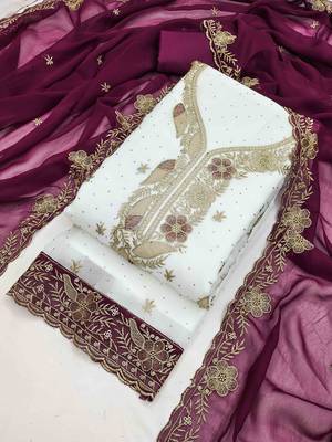 wine georgette embroidered unstitched dressmaterials 3 pair top bottom dupptaa 3