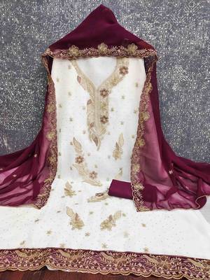wine georgette embroidered unstitched dressmaterials 3 pair top bottom dupptaa 4
