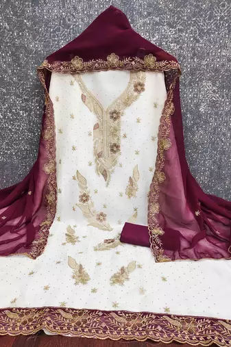 wine georgette embroidered unstitched dressmaterials 3 pair top bottom dupptaa