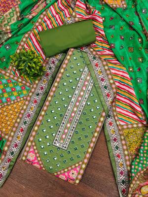 green cotton blend embroidered unstitched dressmaterials 3 pair top bottom dupptaa 1