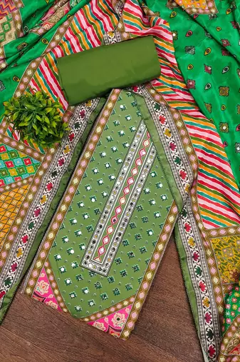 green cotton blend embroidered unstitched dressmaterials 3 pair top bottom dupptaa