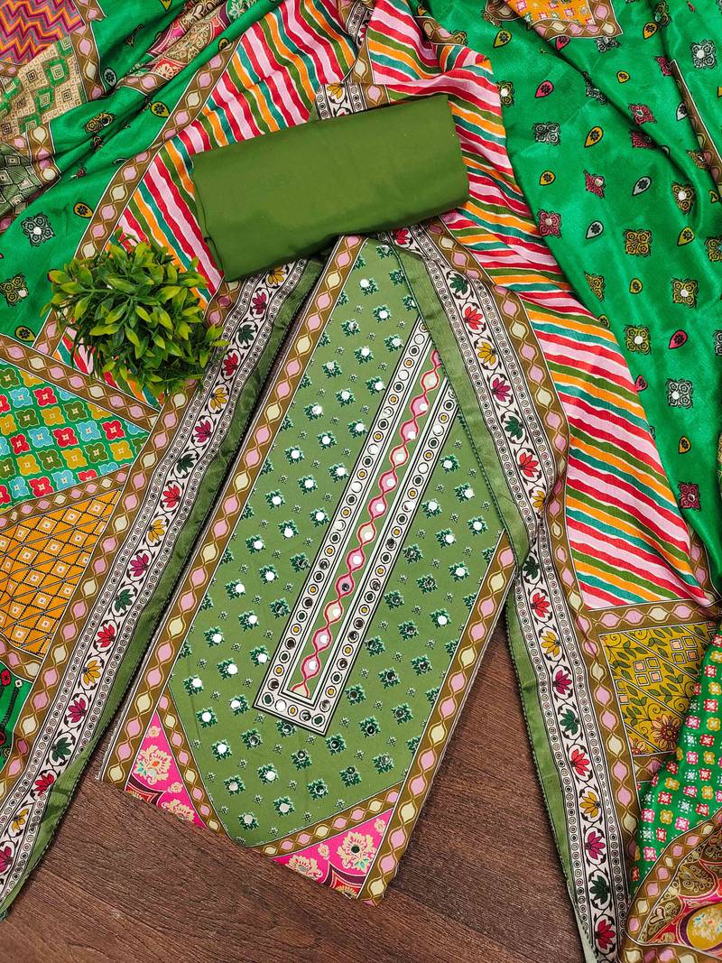 green cotton blend embroidered unstitched dressmaterials 3 pair top bottom dupptaa