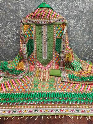 green cotton blend embroidered unstitched dressmaterials 3 pair top bottom dupptaa 2