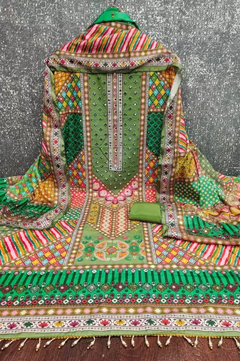 green cotton blend embroidered unstitched dressmaterials 3 pair top bottom dupptaa