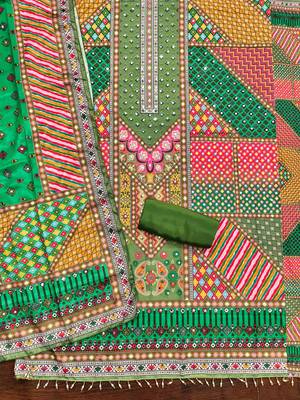 green cotton blend embroidered unstitched dressmaterials 3 pair top bottom dupptaa 3