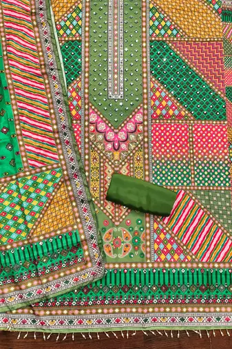 green cotton blend embroidered unstitched dressmaterials 3 pair top bottom dupptaa