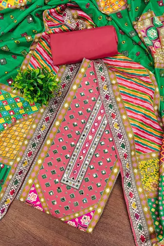 pink cotton blend embroidered unstitched dressmaterials 3 pair top bottom dupptaa