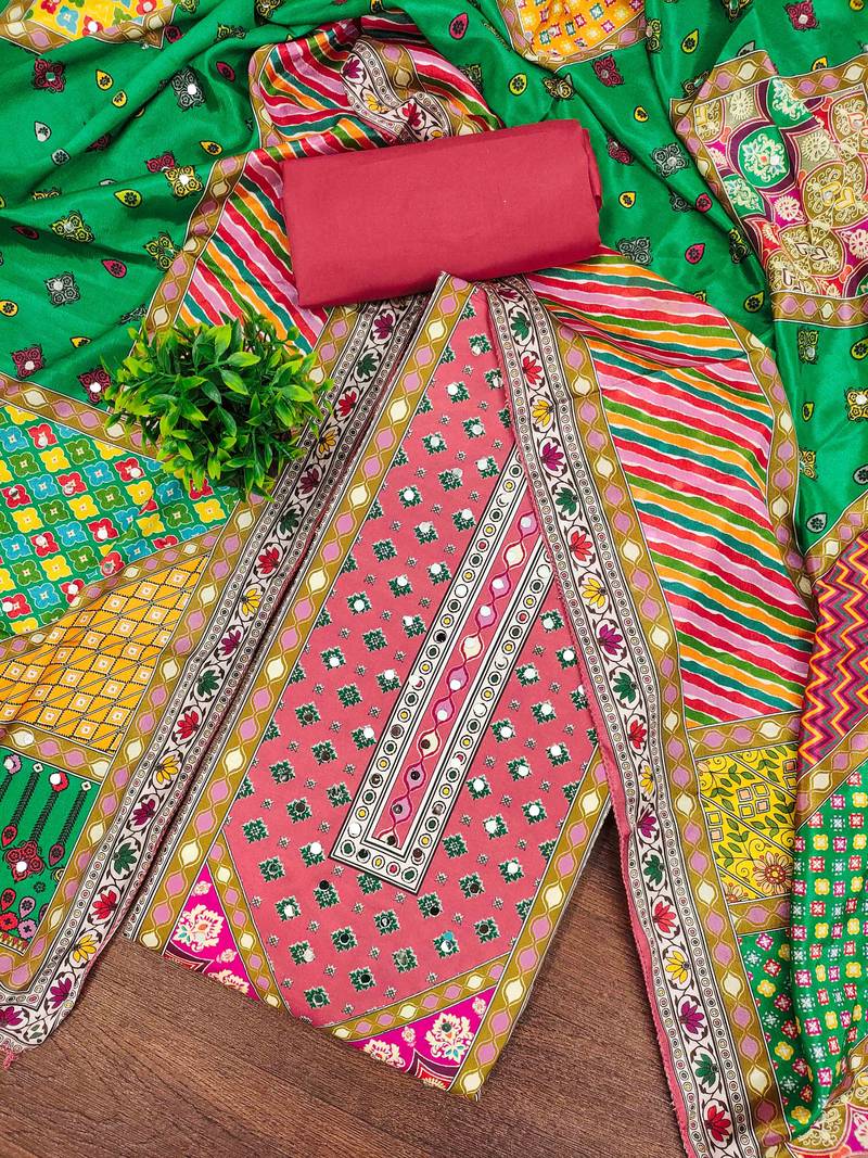 pink cotton blend embroidered unstitched dressmaterials 3 pair top bottom dupptaa