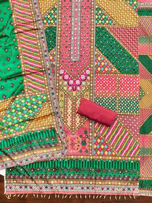 pink cotton blend embroidered unstitched dressmaterials 3 pair top bottom dupptaa 3