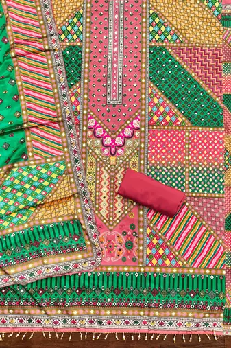 pink cotton blend embroidered unstitched dressmaterials 3 pair top bottom dupptaa