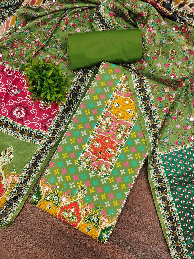 green cotton blend embroidered unstitched dressmaterials 3 pair top bottom dupptaa