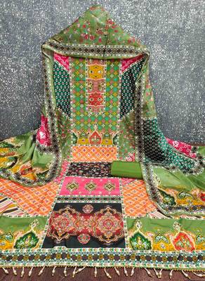 green cotton blend embroidered unstitched dressmaterials 3 pair top bottom dupptaa 2