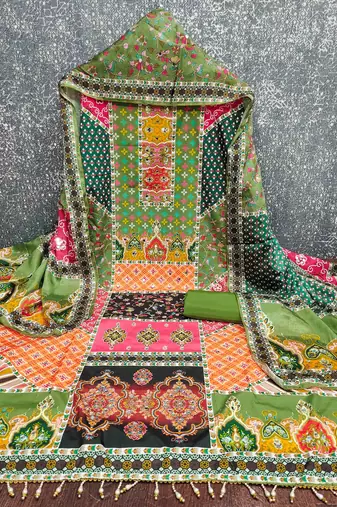 green cotton blend embroidered unstitched dressmaterials 3 pair top bottom dupptaa