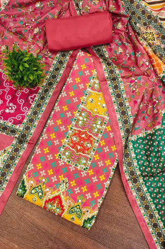 pink cotton blend embroidered unstitched dressmaterials 3 pair top bottom dupptaa
