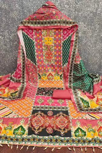 pink cotton blend embroidered unstitched dressmaterials 3 pair top bottom dupptaa