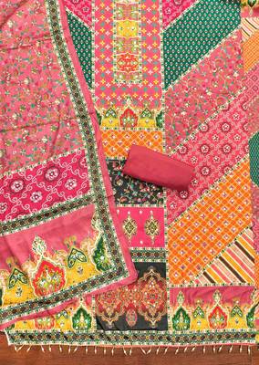 pink cotton blend embroidered unstitched dressmaterials 3 pair top bottom dupptaa 3