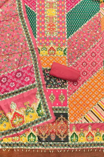 pink cotton blend embroidered unstitched dressmaterials 3 pair top bottom dupptaa