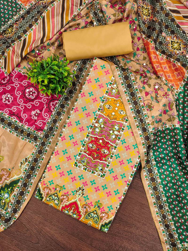 yellow cotton blend embroidered unstitched dressmaterials 3 pair top bottom dupptaa