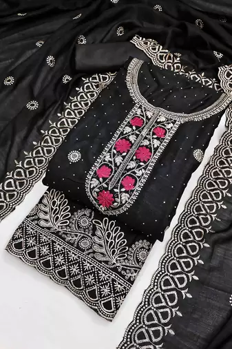 black silk blend embroidered unstitched dressmaterials 3 pair top bottom dupptaa