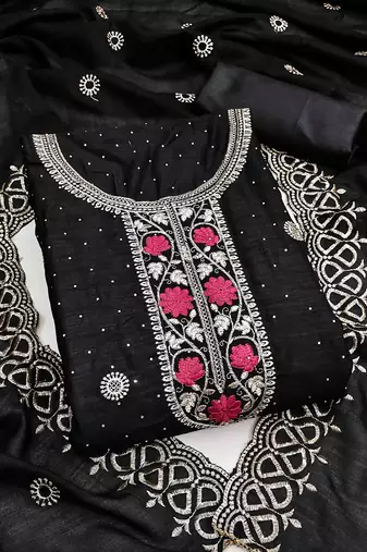 black silk blend embroidered unstitched dressmaterials 3 pair top bottom dupptaa