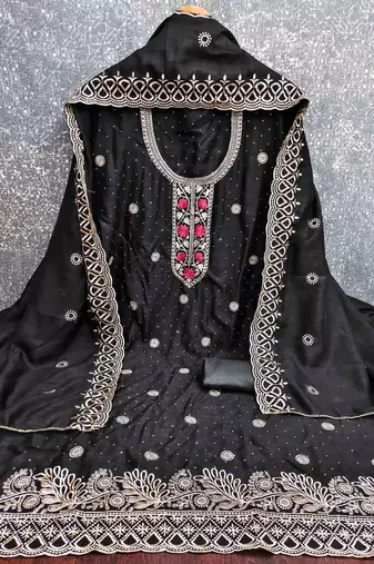 black silk blend embroidered unstitched dressmaterials 3 pair top bottom dupptaa