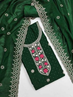 green silk blend embroidered unstitched dressmaterials 3 pair top bottom dupptaa 1