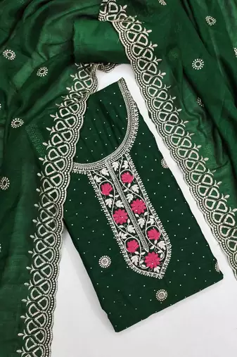 green silk blend embroidered unstitched dressmaterials 3 pair top bottom dupptaa