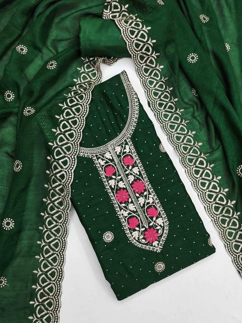 green silk blend embroidered unstitched dressmaterials 3 pair top bottom dupptaa