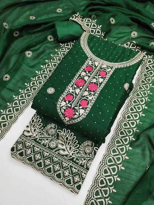 green silk blend embroidered unstitched dressmaterials 3 pair top bottom dupptaa 2
