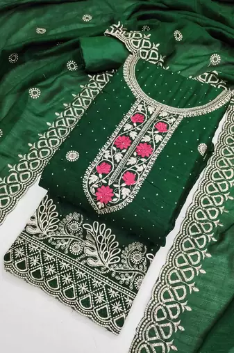 green silk blend embroidered unstitched dressmaterials 3 pair top bottom dupptaa