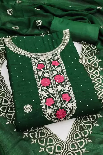 green silk blend embroidered unstitched dressmaterials 3 pair top bottom dupptaa