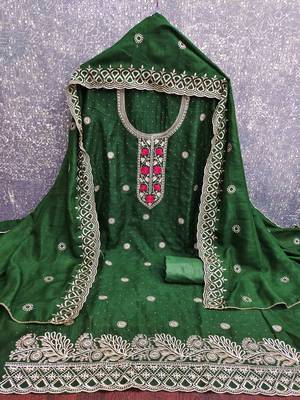 green silk blend embroidered unstitched dressmaterials 3 pair top bottom dupptaa 4