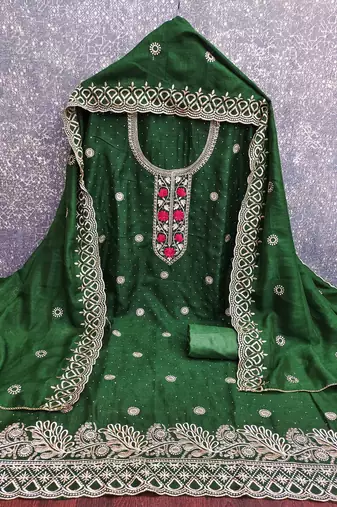 green silk blend embroidered unstitched dressmaterials 3 pair top bottom dupptaa