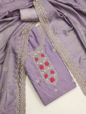 lavender silk blend embroidered unstitched dressmaterials 3 pair top bottom dupptaa 1