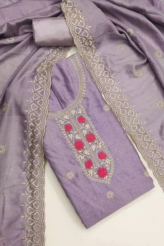 lavender silk blend embroidered unstitched dressmaterials 3 pair top bottom dupptaa