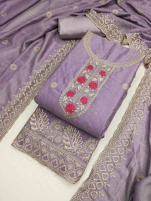 lavender silk blend embroidered unstitched dressmaterials 3 pair top bottom dupptaa 2