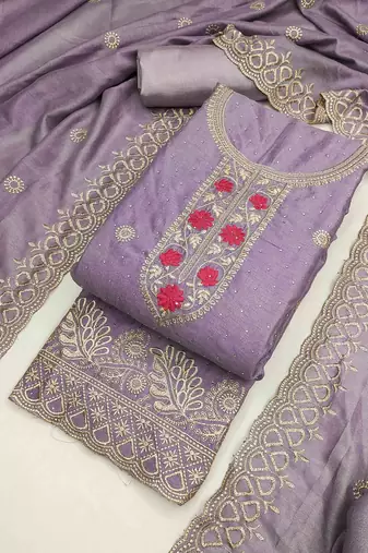 lavender silk blend embroidered unstitched dressmaterials 3 pair top bottom dupptaa