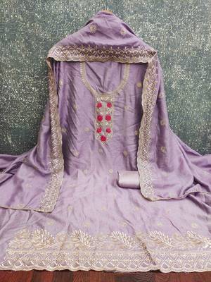 lavender silk blend embroidered unstitched dressmaterials 3 pair top bottom dupptaa 4