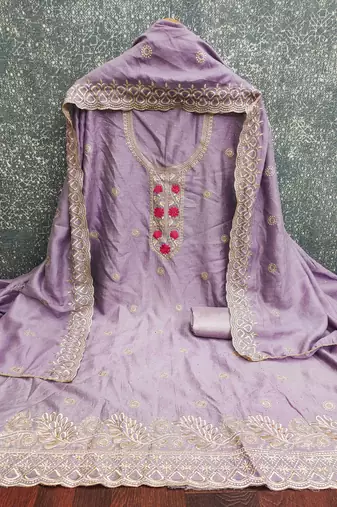 lavender silk blend embroidered unstitched dressmaterials 3 pair top bottom dupptaa